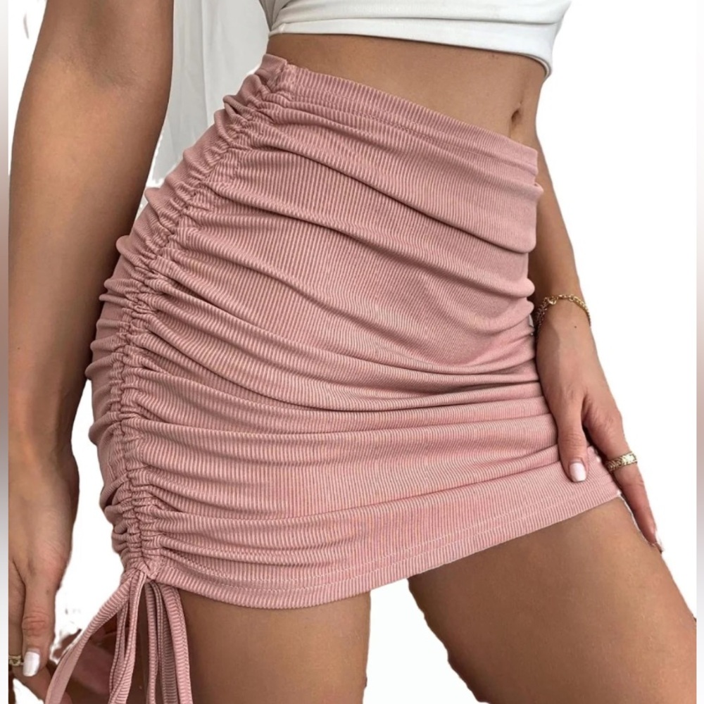 Pink Ribbed Stretchy Ruched Adjustable Length Mini Skirt Size M NWOT